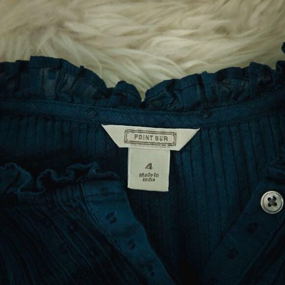 Point Sur Size 4 Blue Swiss Dot Textured Ruffle Button Popover Long Sleeve Top - Picture 3 of 6